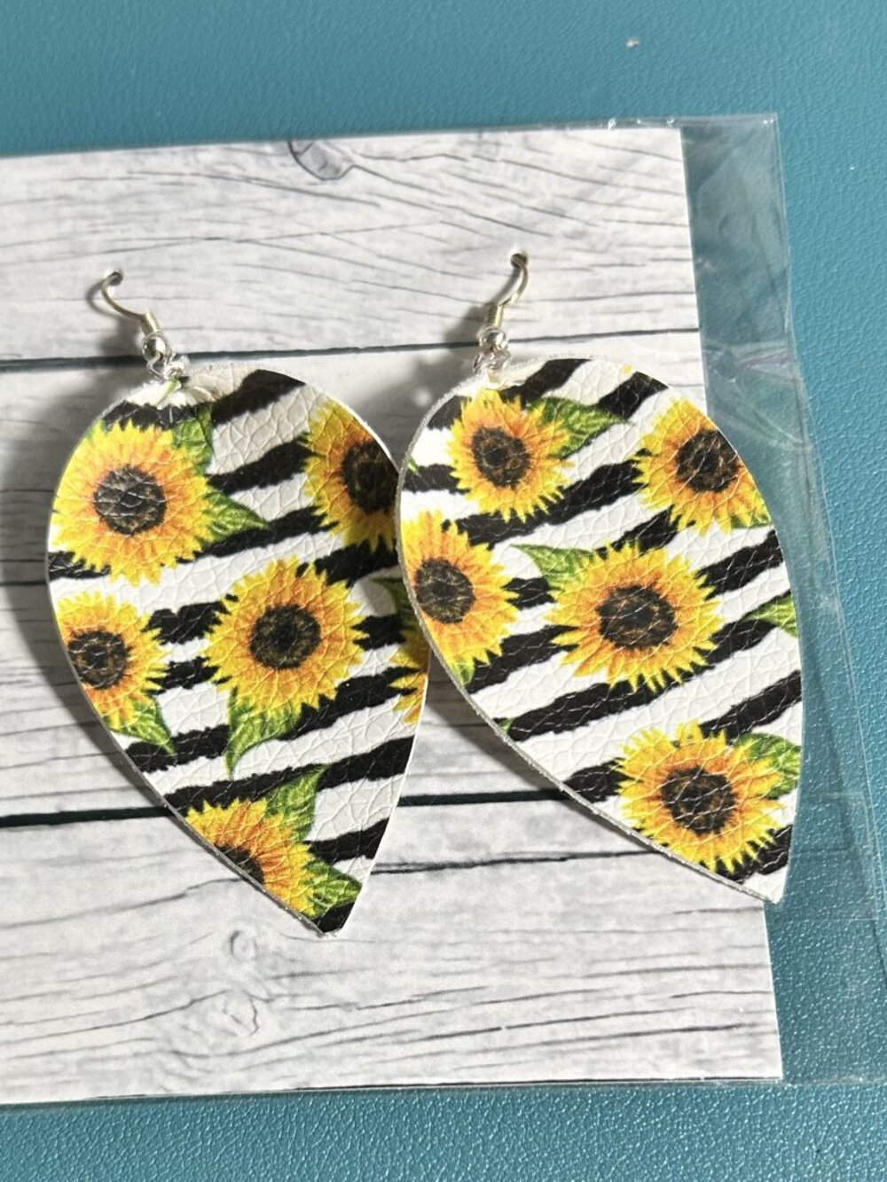 Sunflower Zebra Stripe Faux Leather Teardrop Dangle Earrings Boutique NWT